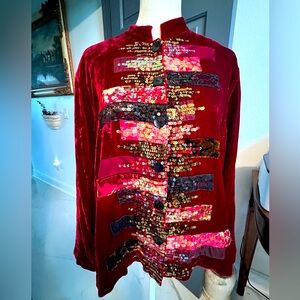 Chico’s Deep Red Velvet Sequined Bottom Front Jacket. Size 1 (M-8).